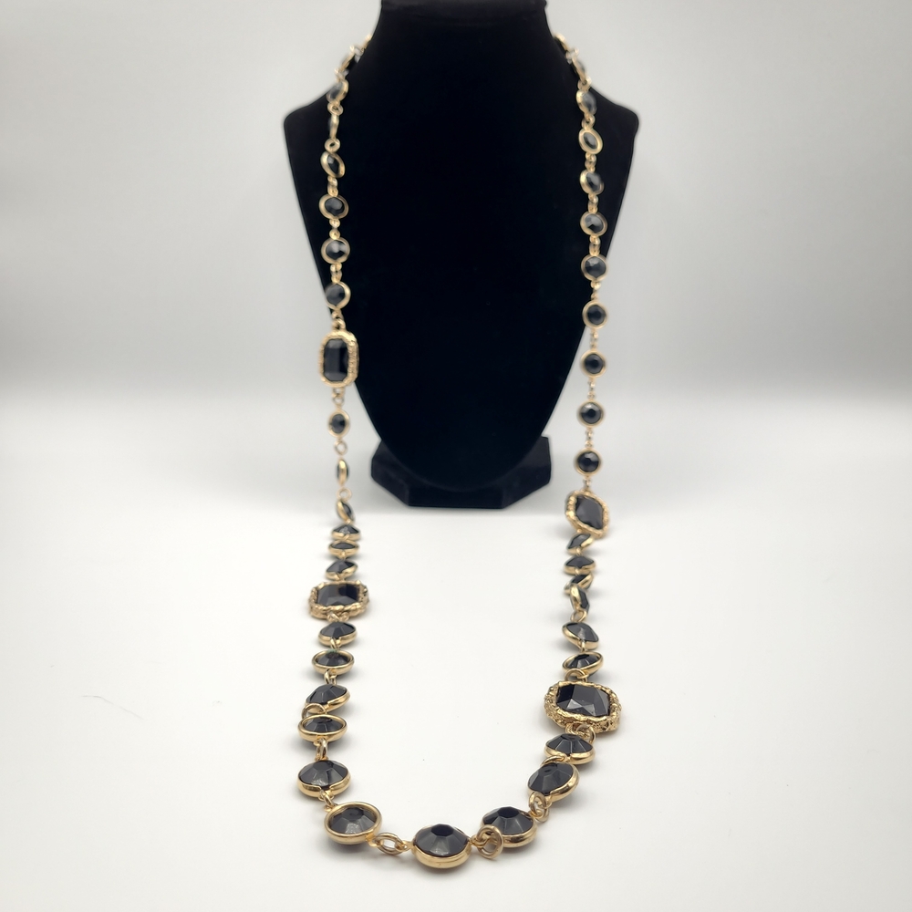 Gold Tone Black Faceted Station Necklace Long Statement Chain